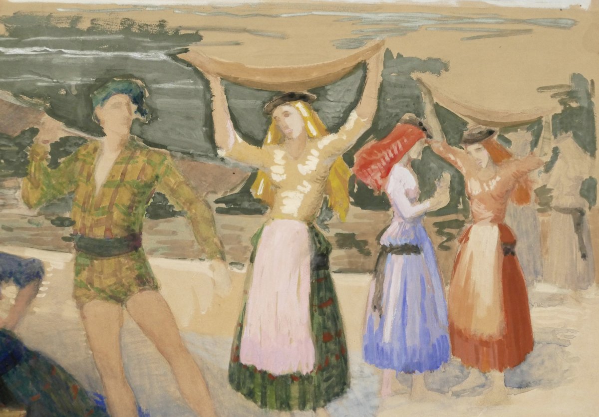 Henri Lafitte (1885–1977), « Scène de marché à Lisbonne », étude à la gouache et à l'aquarelle.-photo-2