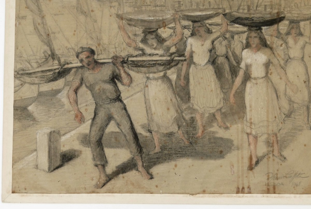 Henri Lafitte (1885–1977), « Scène de marché à Lisbonne », étude signée, située, datée 1948.-photo-4
