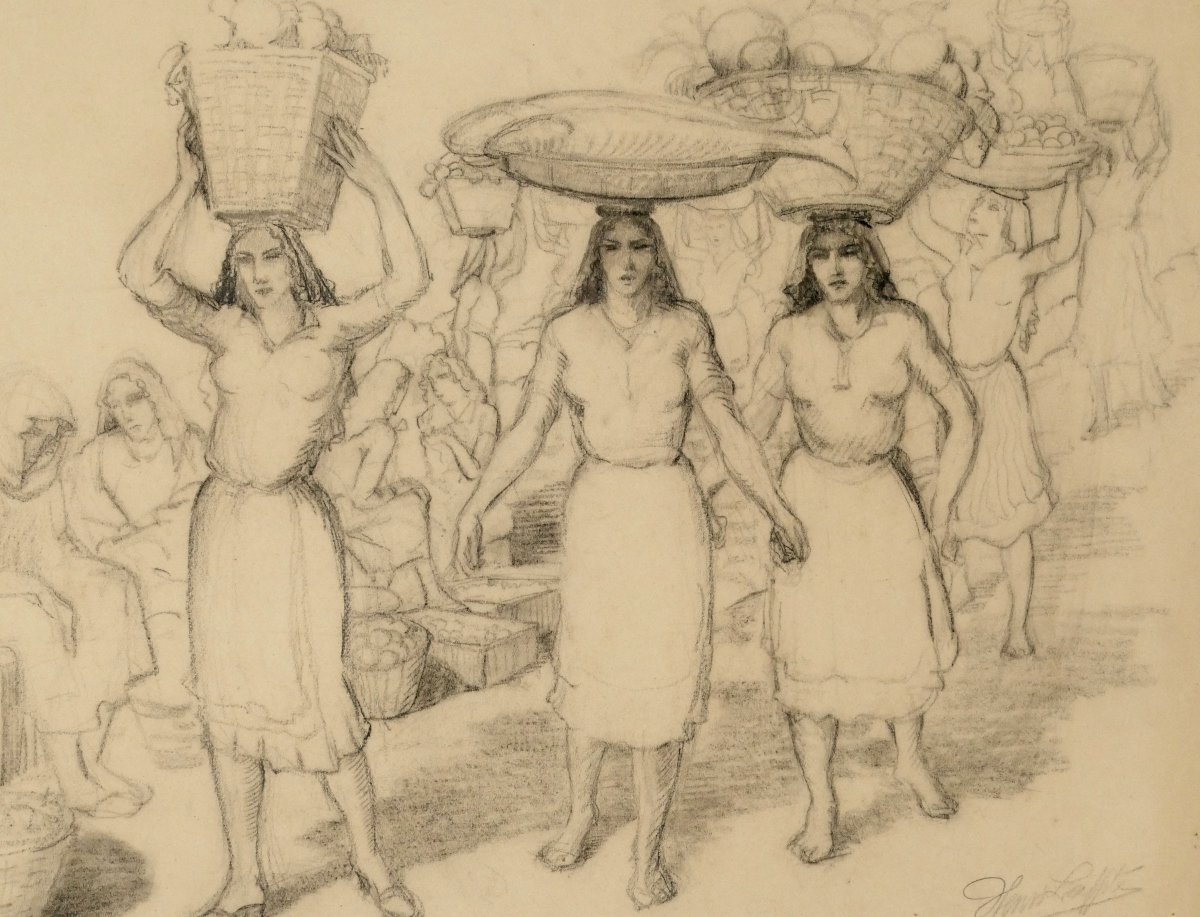 Henri Lafitte, « Scène de marché à Lisbonne » étude au fusain signée, située et datée 1948.-photo-2
