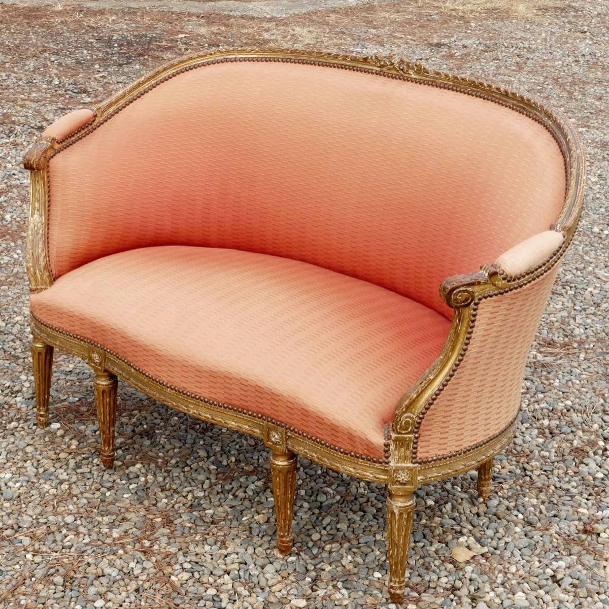 Louis XVI Style Sofa, Basket Bench, Molded And Gilded Wood, Late 19th Century.-photo-7