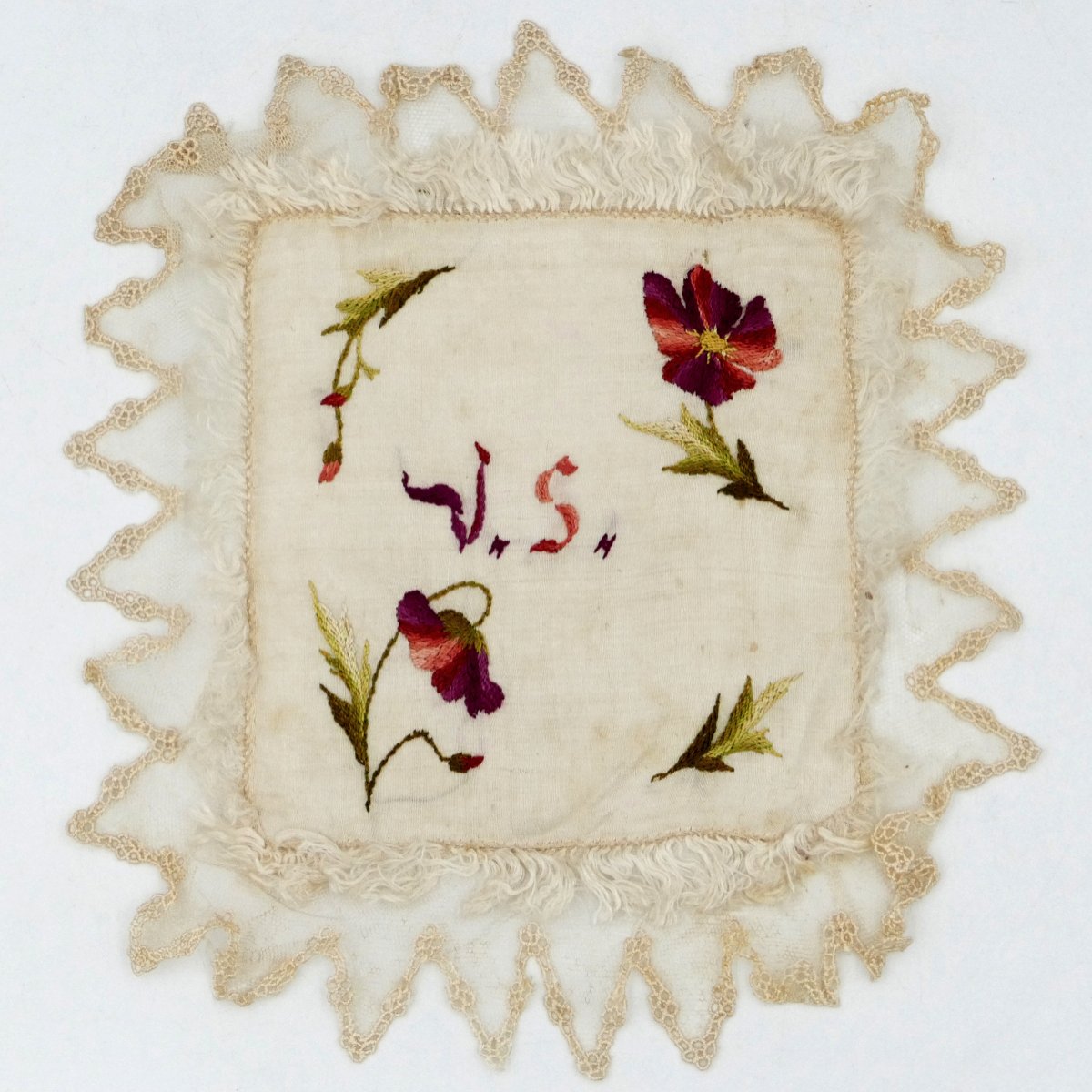 Nine Square Silk Handkerchiefs Embroidered In Colors, Monogram "vs", Late 19th Century.-photo-2