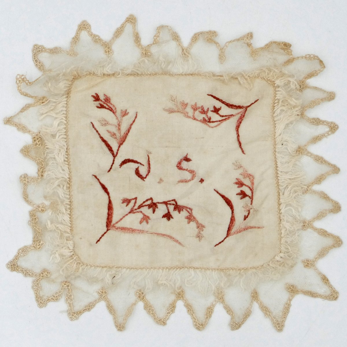 Nine Square Silk Handkerchiefs Embroidered In Colors, Monogram "vs", Late 19th Century.-photo-4