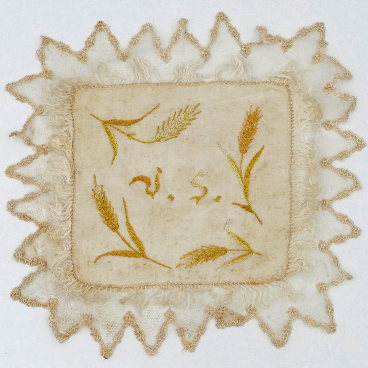 Nine Square Silk Handkerchiefs Embroidered In Colors, Monogram "vs", Late 19th Century.-photo-1