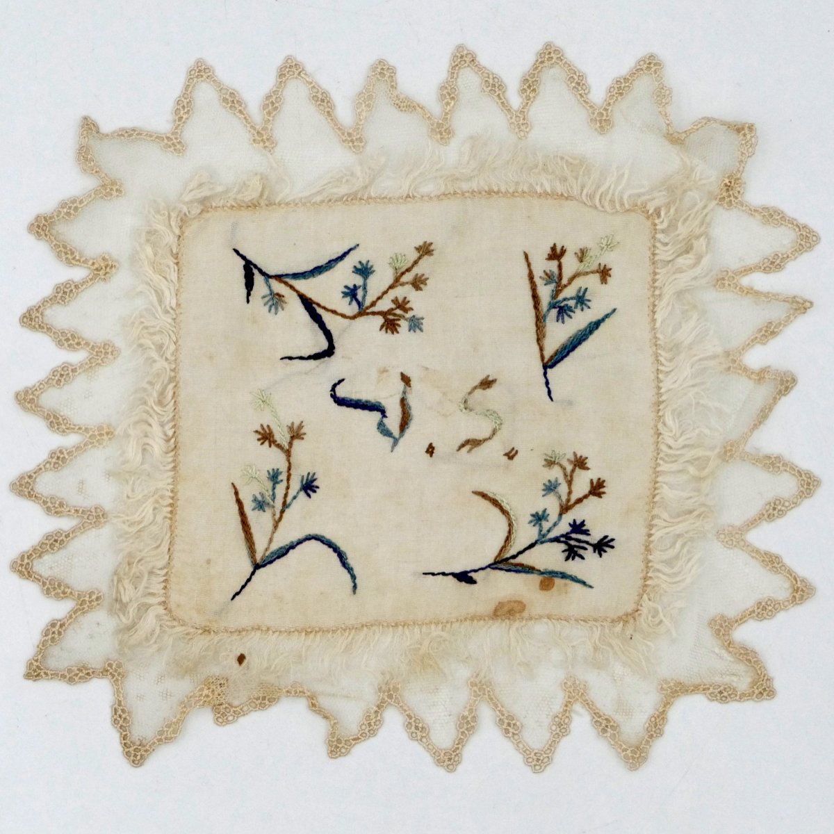 Nine Square Silk Handkerchiefs Embroidered In Colors, Monogram "vs", Late 19th Century.-photo-2