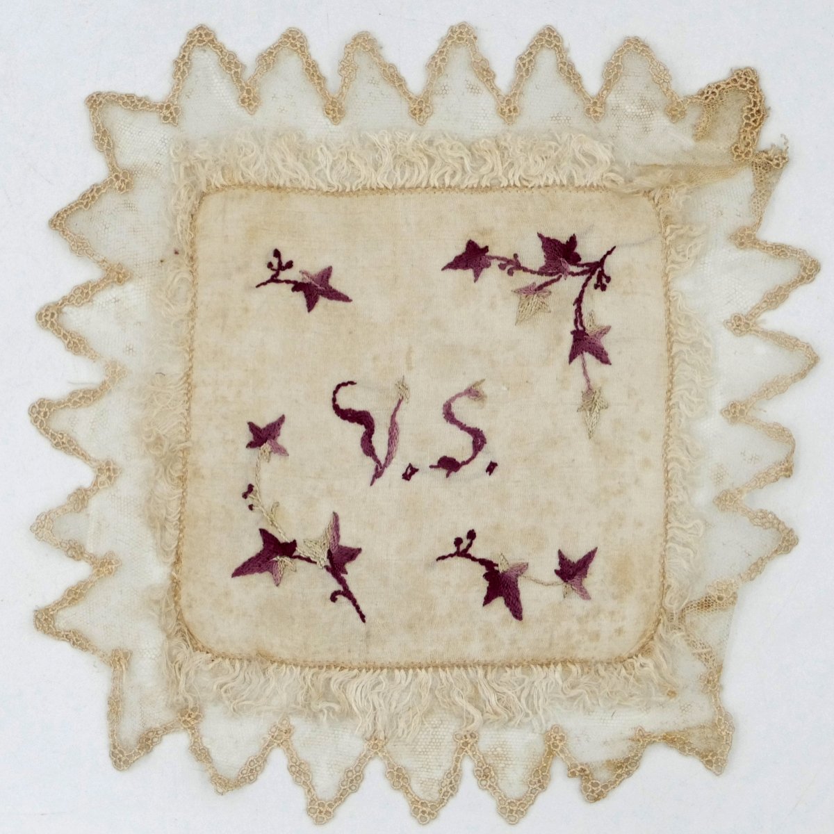 Nine Square Silk Handkerchiefs Embroidered In Colors, Monogram "vs", Late 19th Century.-photo-3