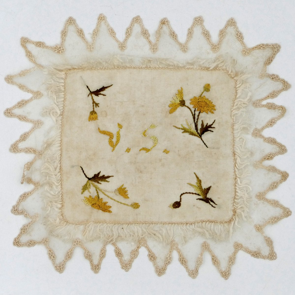 Nine Square Silk Handkerchiefs Embroidered In Colors, Monogram "vs", Late 19th Century.-photo-4