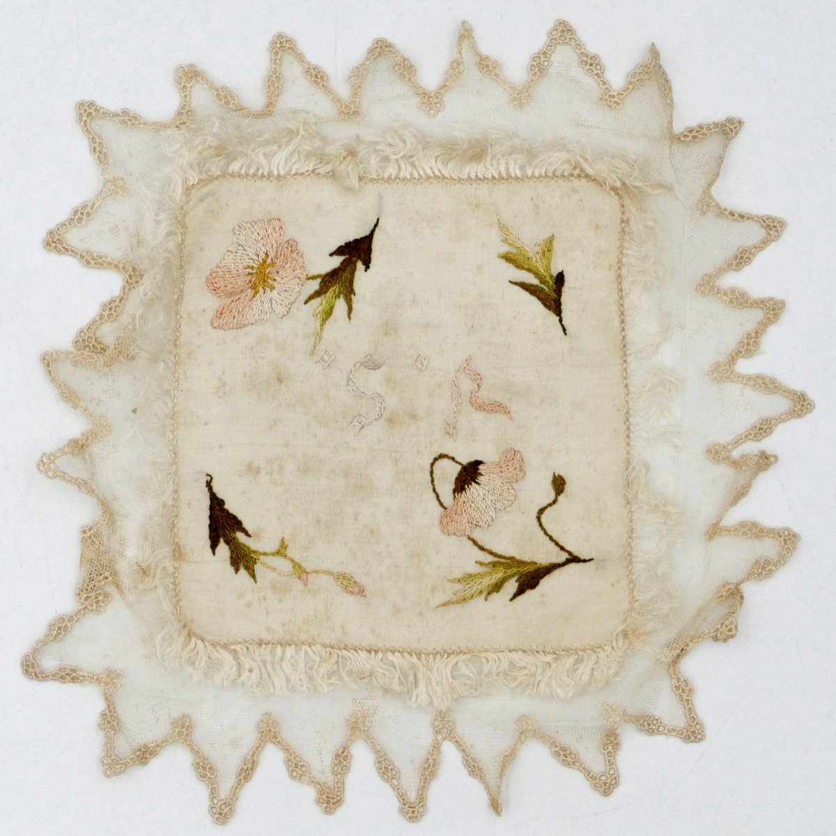 Nine Square Silk Handkerchiefs Embroidered In Colors, Monogram "vs", Late 19th Century.-photo-5