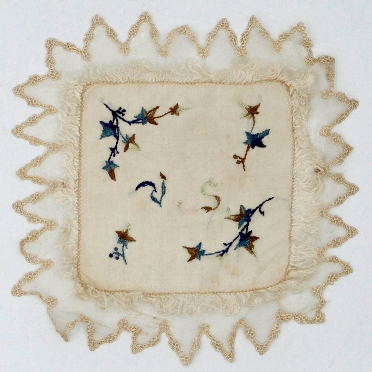 Nine Square Silk Handkerchiefs Embroidered In Colors, Monogram "vs", Late 19th Century.-photo-6