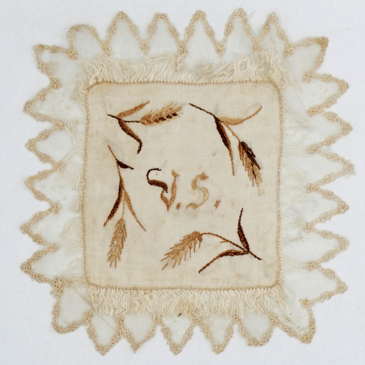 Nine Square Silk Handkerchiefs Embroidered In Colors, Monogram "vs", Late 19th Century.-photo-7