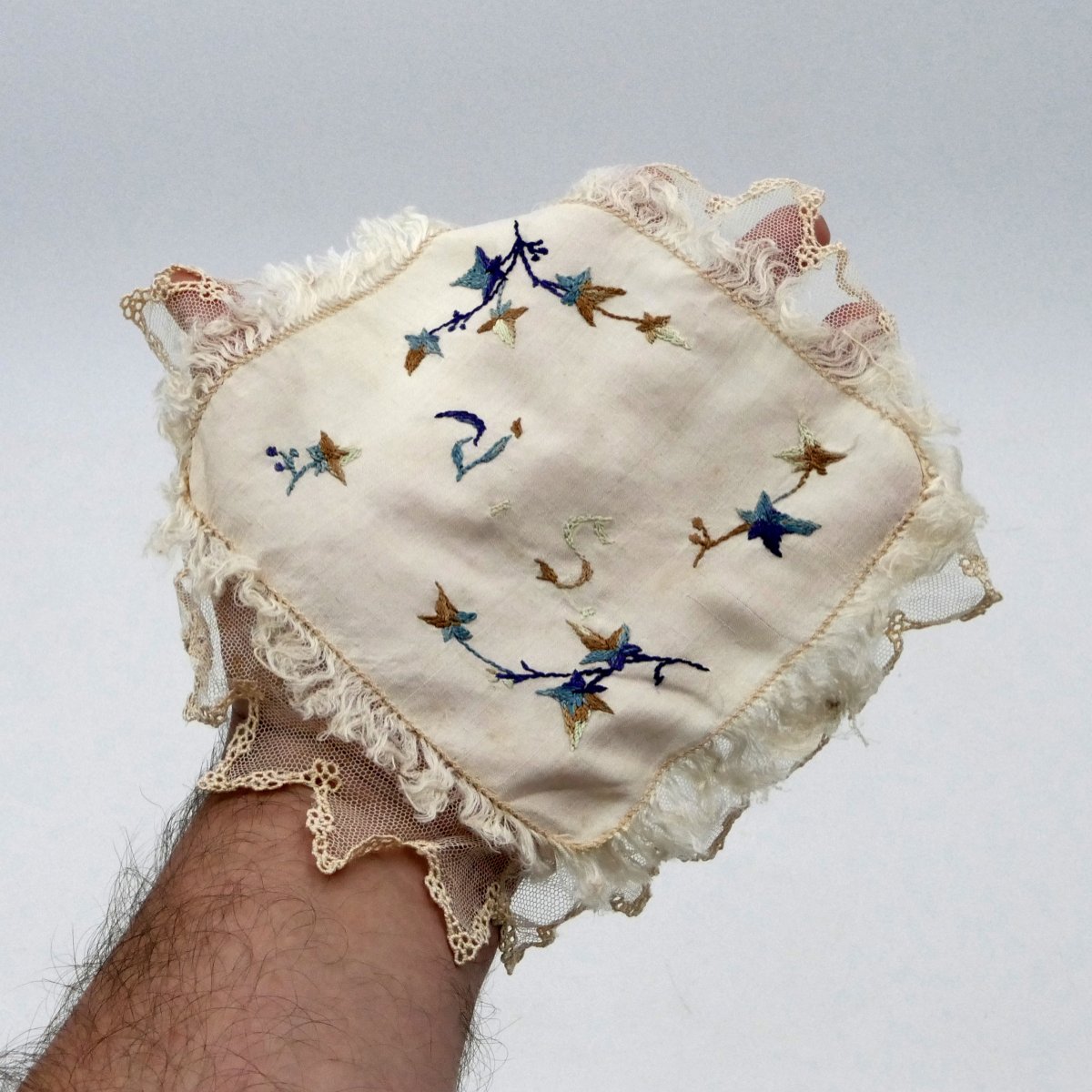 Nine Square Silk Handkerchiefs Embroidered In Colors, Monogram "vs", Late 19th Century.-photo-8