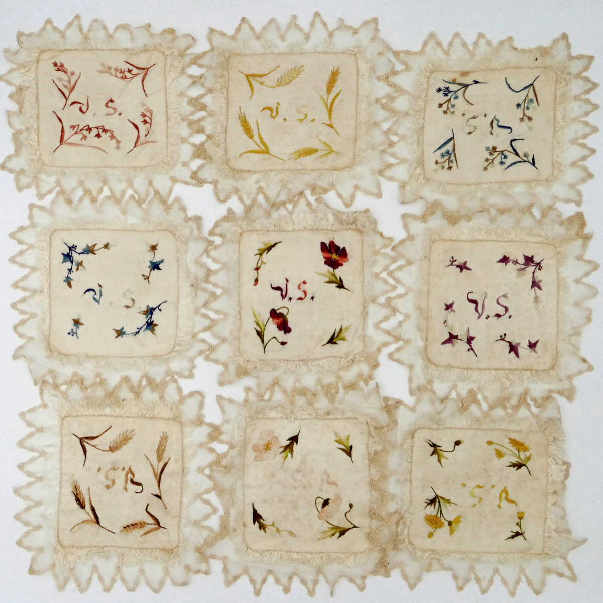 Nine Square Silk Handkerchiefs Embroidered In Colors, Monogram "vs", Late 19th Century.