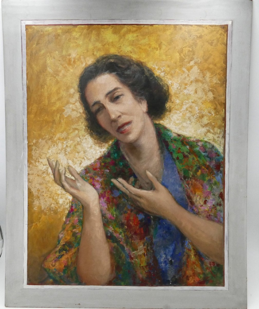 Henri Laffite, &laquo;&nbsp;Portrait de Da Laura Seabra&nbsp;&raquo; huile sur carton, Sao Paulo Br&eacute;sil 1955.-photo-2