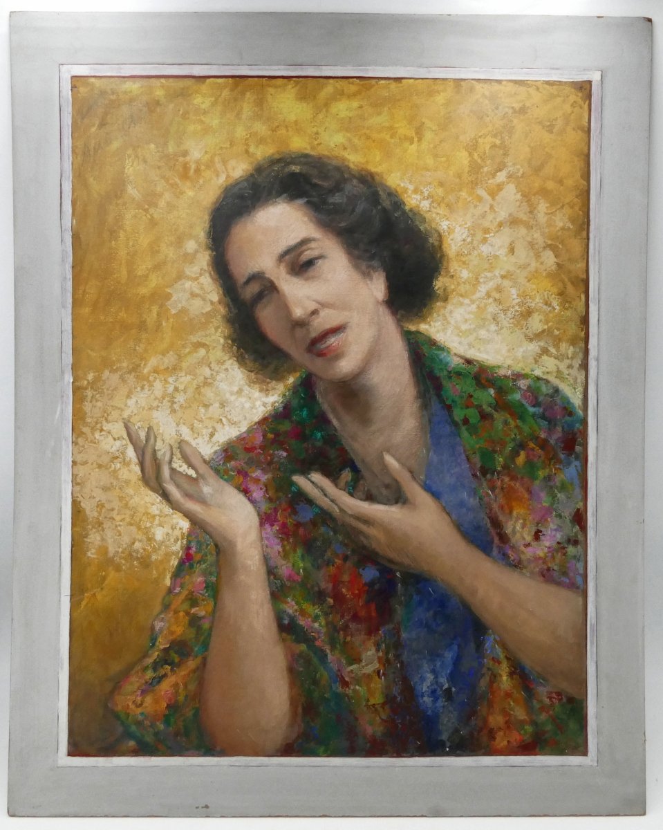 Henri Laffite, &laquo;&nbsp;Portrait de Da Laura Seabra&nbsp;&raquo; huile sur carton, Sao Paulo Br&eacute;sil 1955.-photo-3