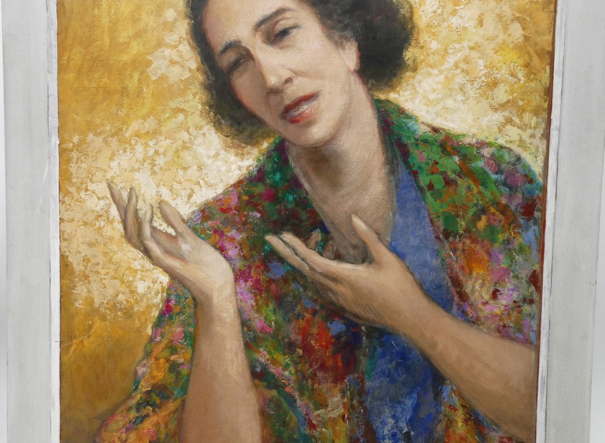 Henri Laffite, &laquo;&nbsp;Portrait de Da Laura Seabra&nbsp;&raquo; huile sur carton, Sao Paulo Br&eacute;sil 1955.-photo-2