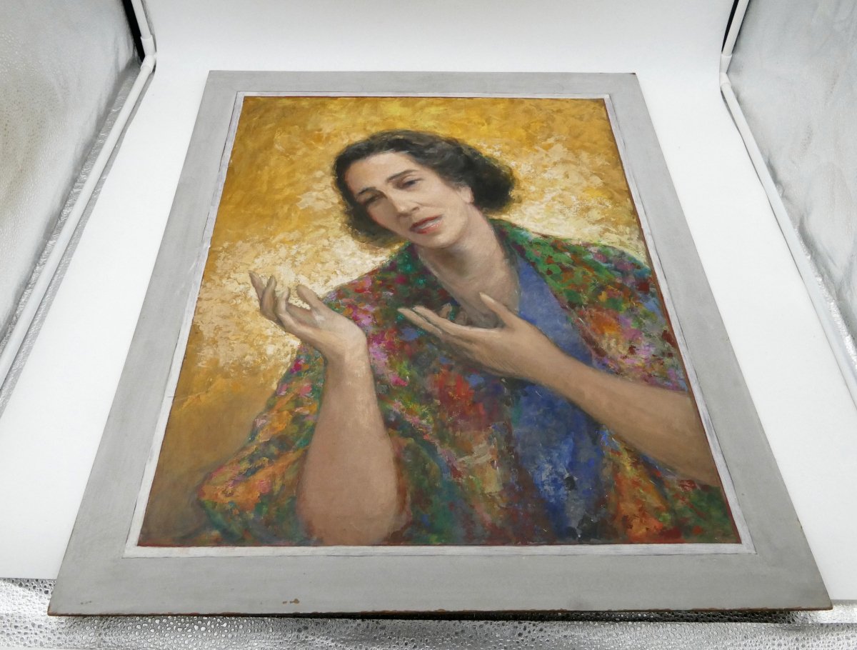 Henri Laffite, &laquo;&nbsp;Portrait de Da Laura Seabra&nbsp;&raquo; huile sur carton, Sao Paulo Br&eacute;sil 1955.-photo-4