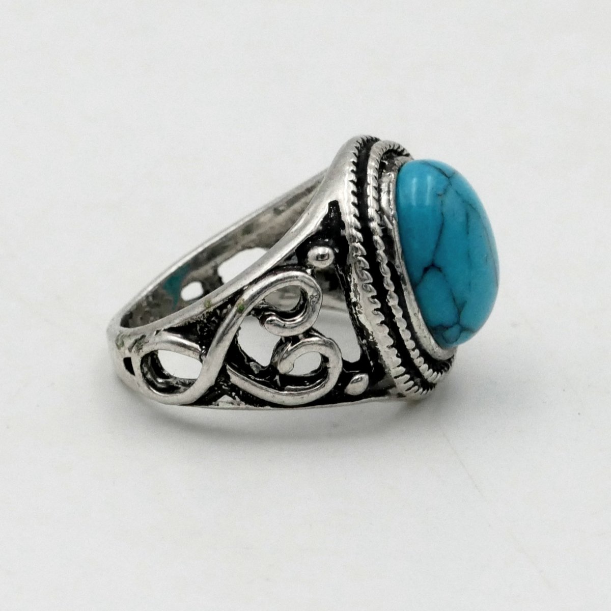 Solid Silver And Turquoise Ring, Size 51, Arabesques, Mid-20th Century. -photo-2