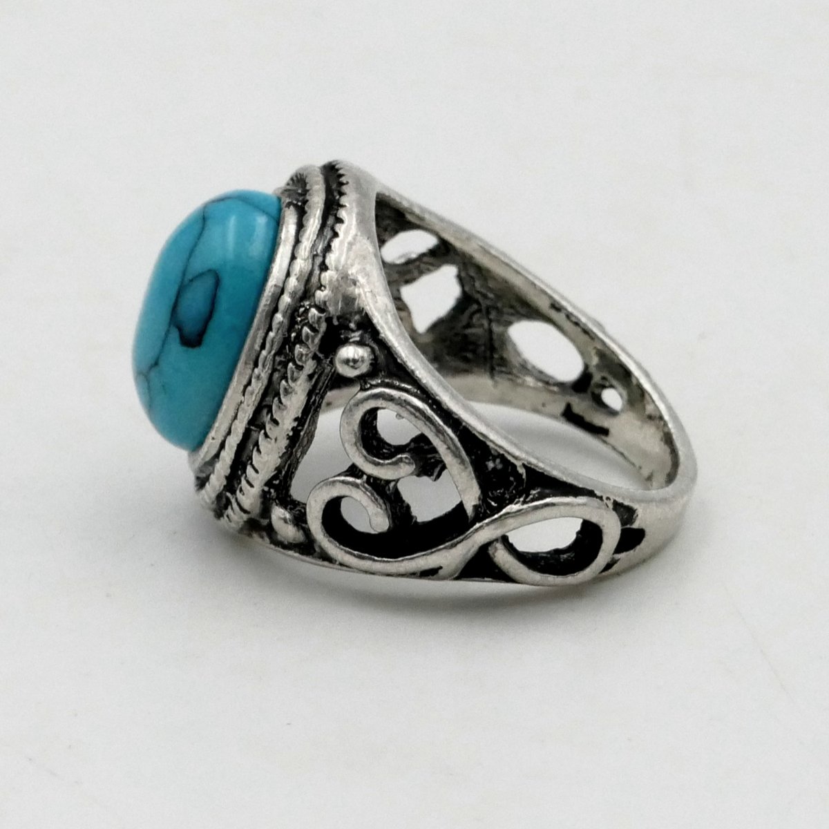 Solid Silver And Turquoise Ring, Size 51, Arabesques, Mid-20th Century. -photo-4