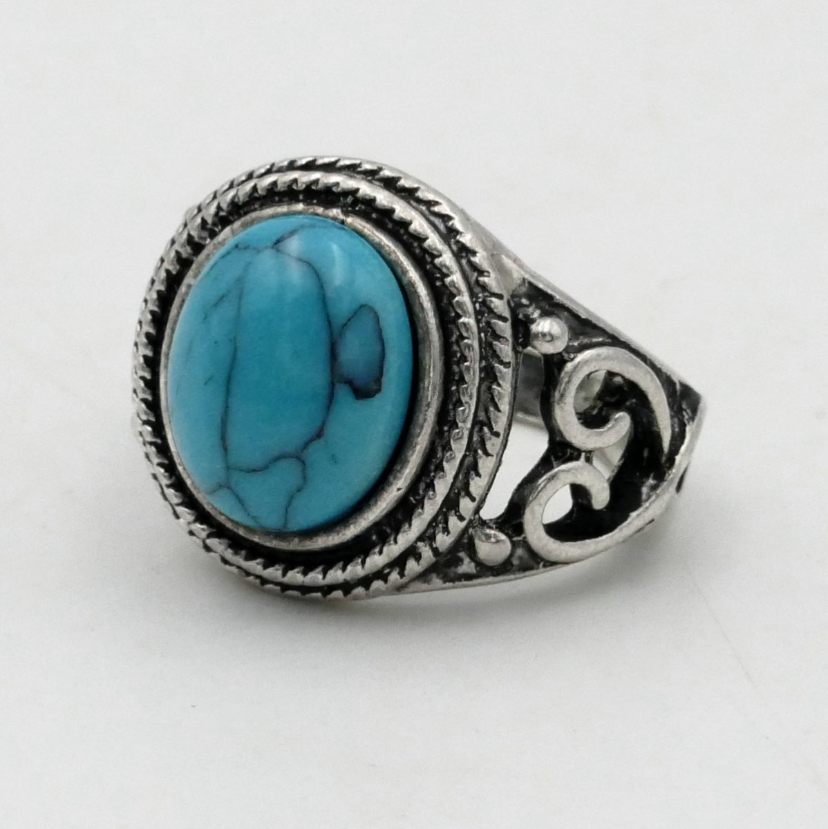 Solid Silver And Turquoise Ring, Size 51, Arabesques, Mid-20th Century. -photo-1