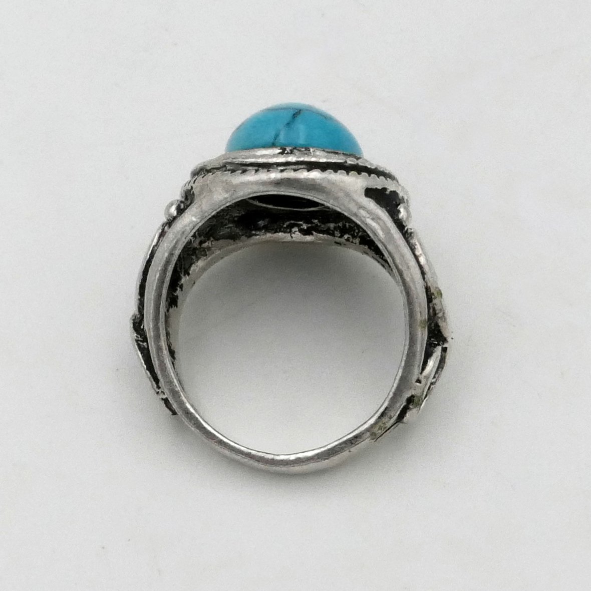 Solid Silver And Turquoise Ring, Size 51, Arabesques, Mid-20th Century. -photo-2