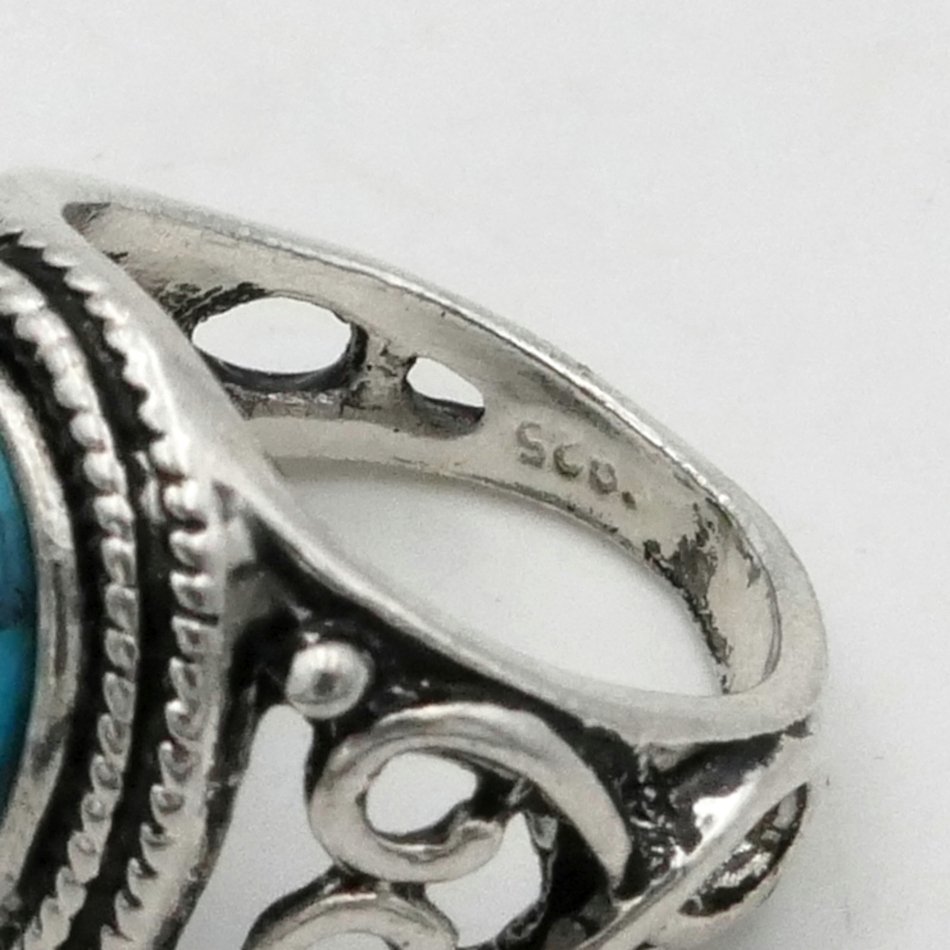 Solid Silver And Turquoise Ring, Size 51, Arabesques, Mid-20th Century. -photo-3