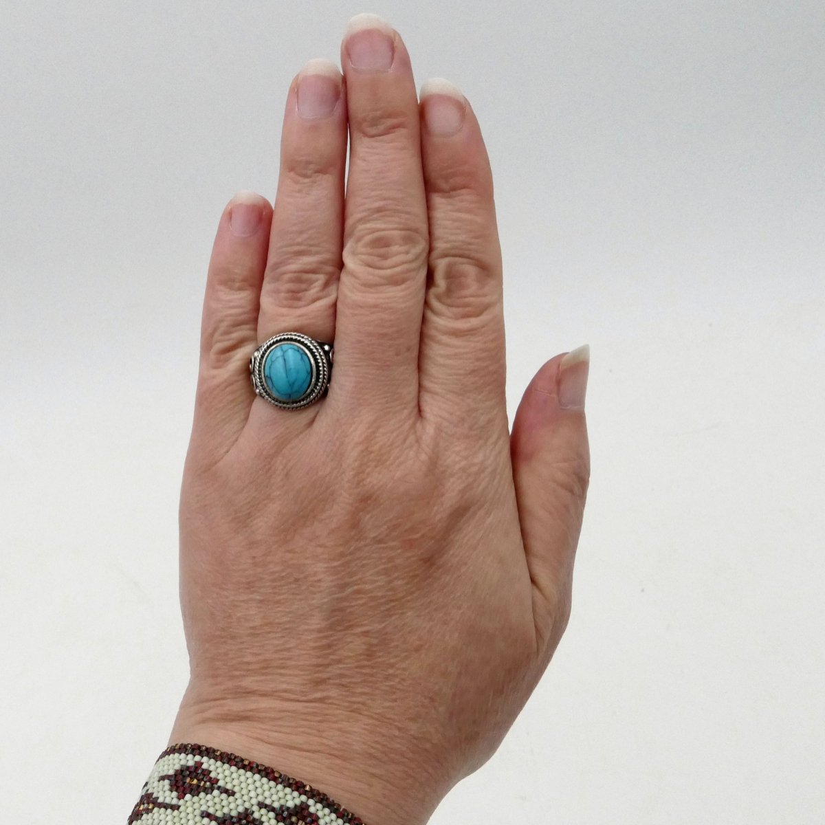 Solid Silver And Turquoise Ring, Size 51, Arabesques, Mid-20th Century. -photo-4
