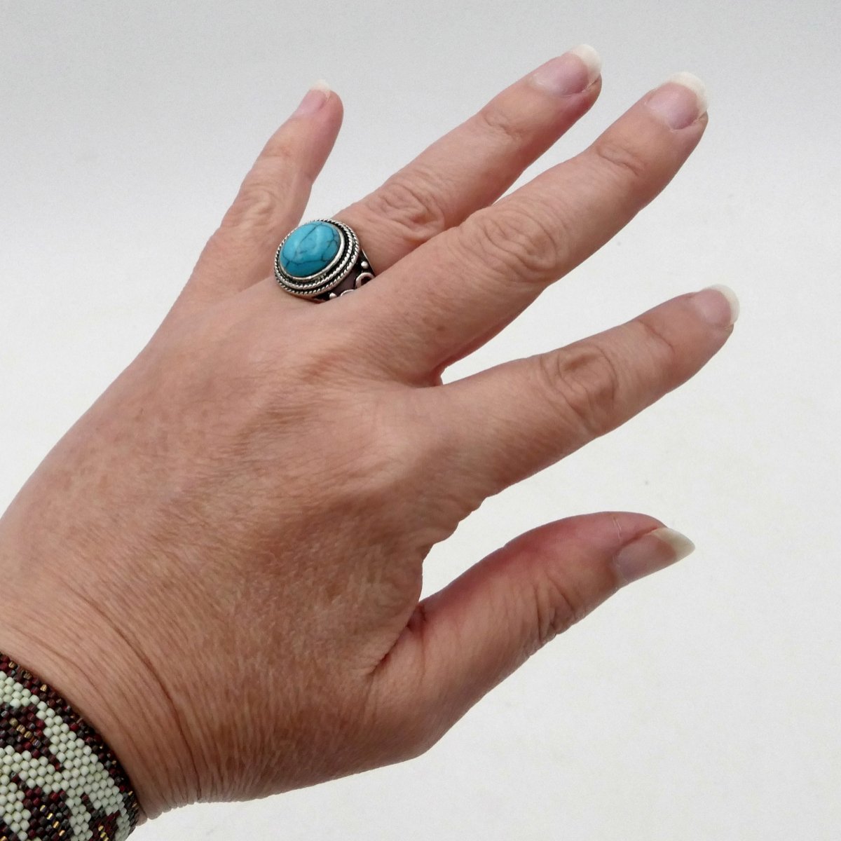 Solid Silver And Turquoise Ring, Size 51, Arabesques, Mid-20th Century. -photo-5