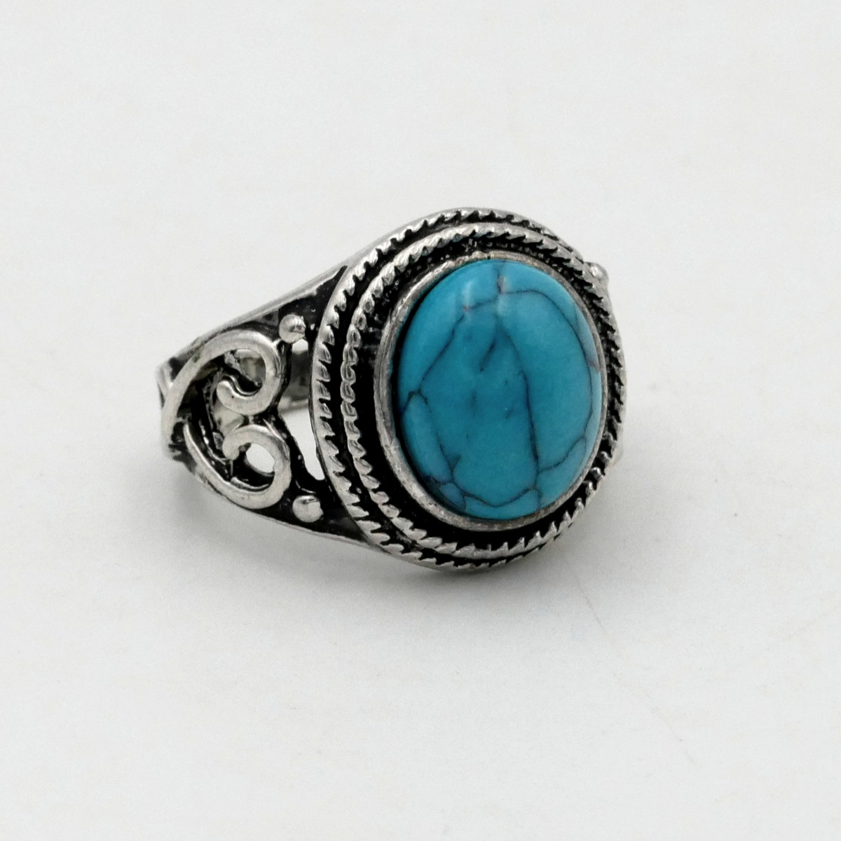 Solid Silver And Turquoise Ring, Size 51, Arabesques, Mid-20th Century. 