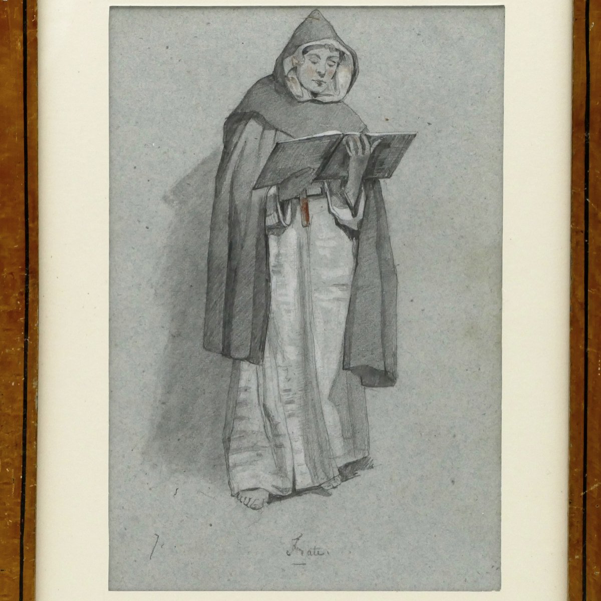 École Italienne, dessin au graphite, « Frate » portrait d'un moine, début XIXe siècle.-photo-3