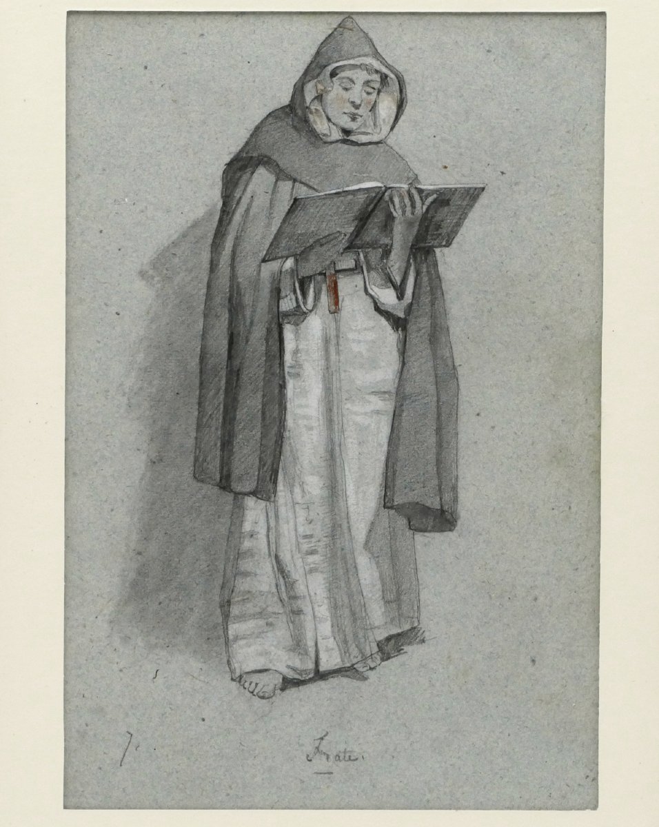École Italienne, dessin au graphite, « Frate » portrait d'un moine, début XIXe siècle.-photo-1