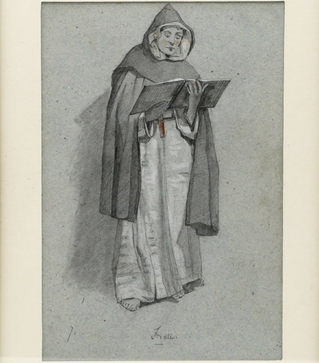 École Italienne, dessin au graphite, « Frate » portrait d'un moine, début XIXe siècle.-photo-2
