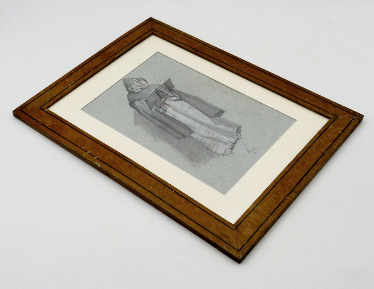 École Italienne, dessin au graphite, « Frate » portrait d'un moine, début XIXe siècle.-photo-3