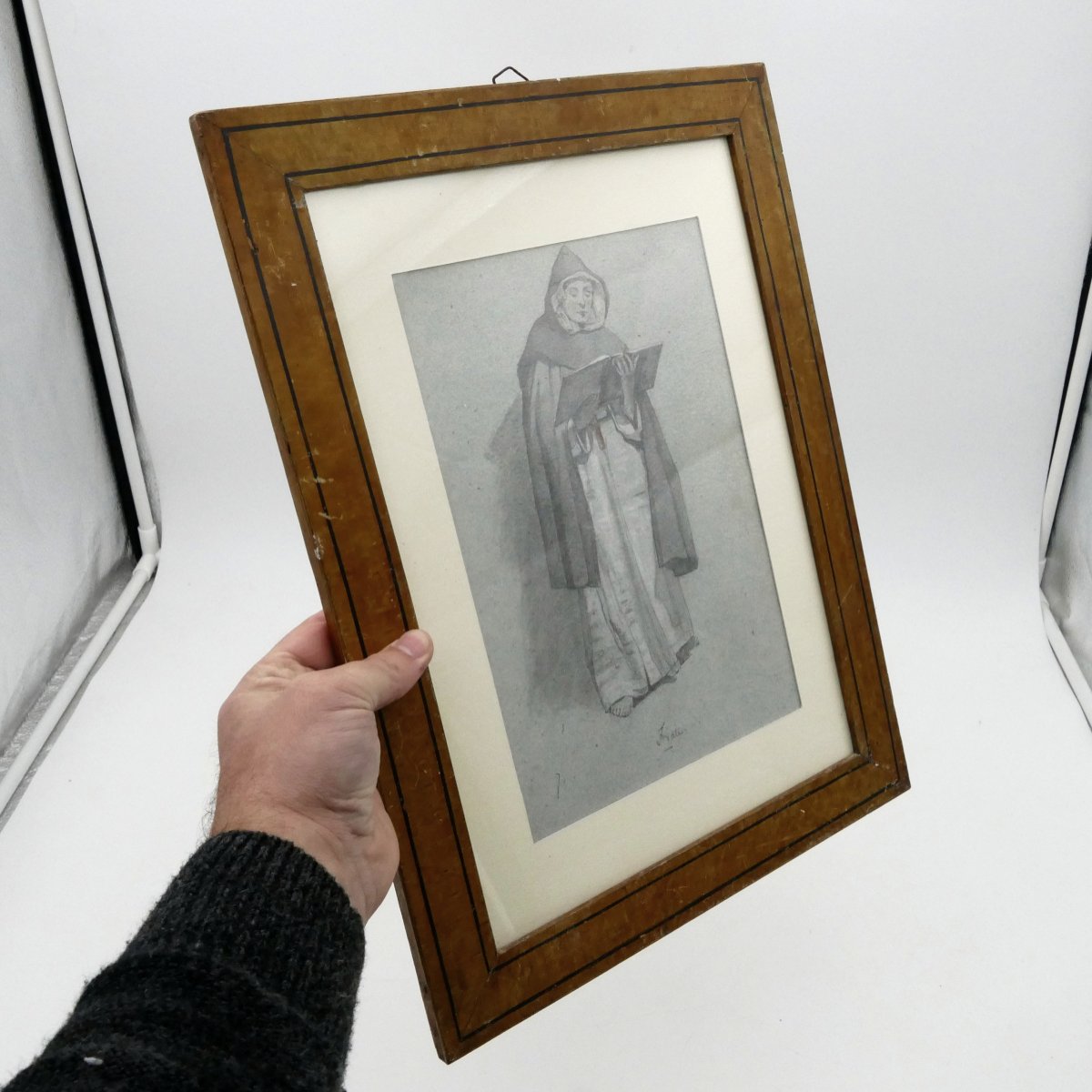 École Italienne, dessin au graphite, « Frate » portrait d'un moine, début XIXe siècle.-photo-4