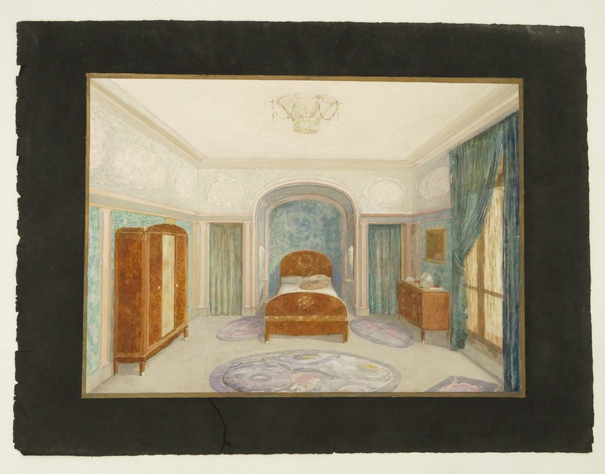 Henri Lafitte, "interior Design Project, Bedroom," Oil On Paper, 1930 -photo-2