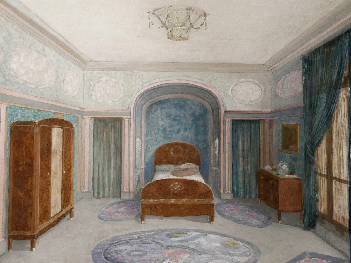 Henri Lafitte, "interior Design Project, Bedroom," Oil On Paper, 1930 