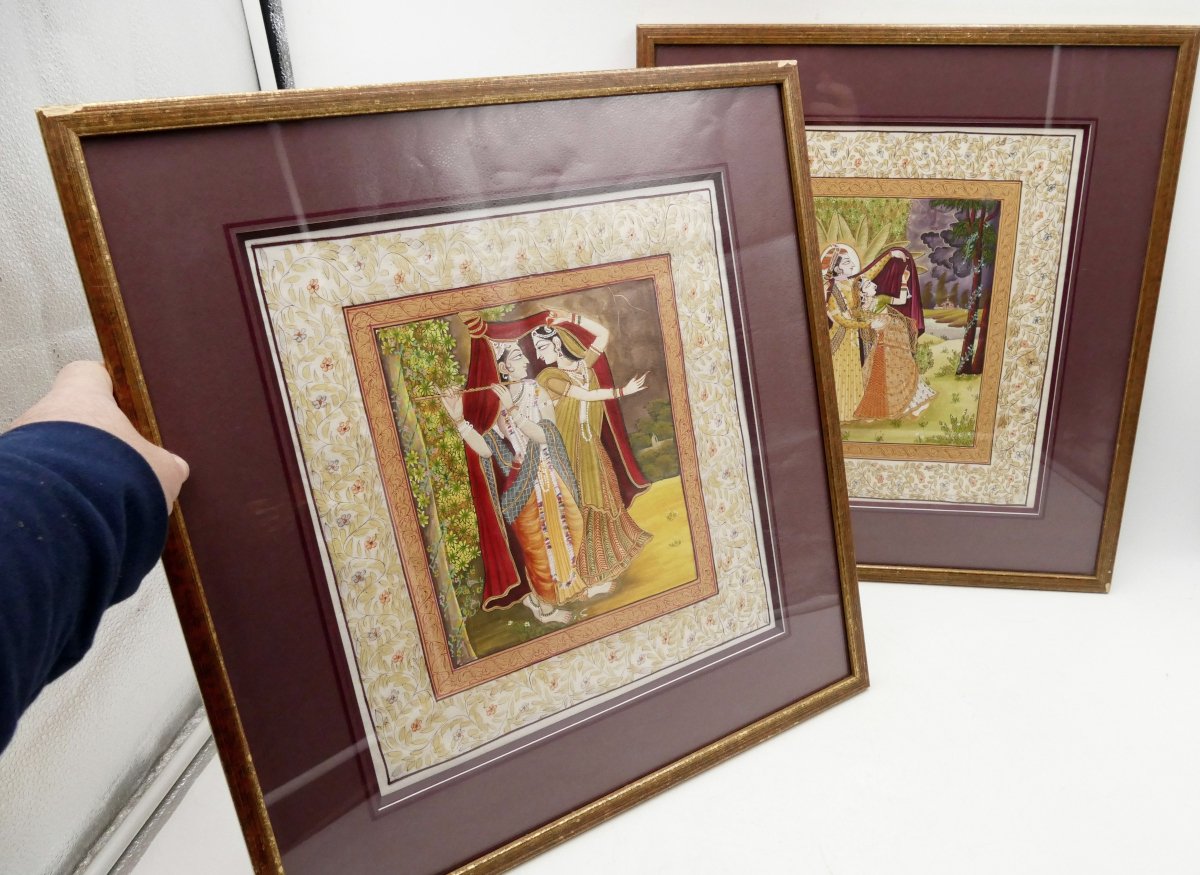 Radha Krishna, paire de peintures indiennes sur tissus, Inde, XXe siècle.-photo-6