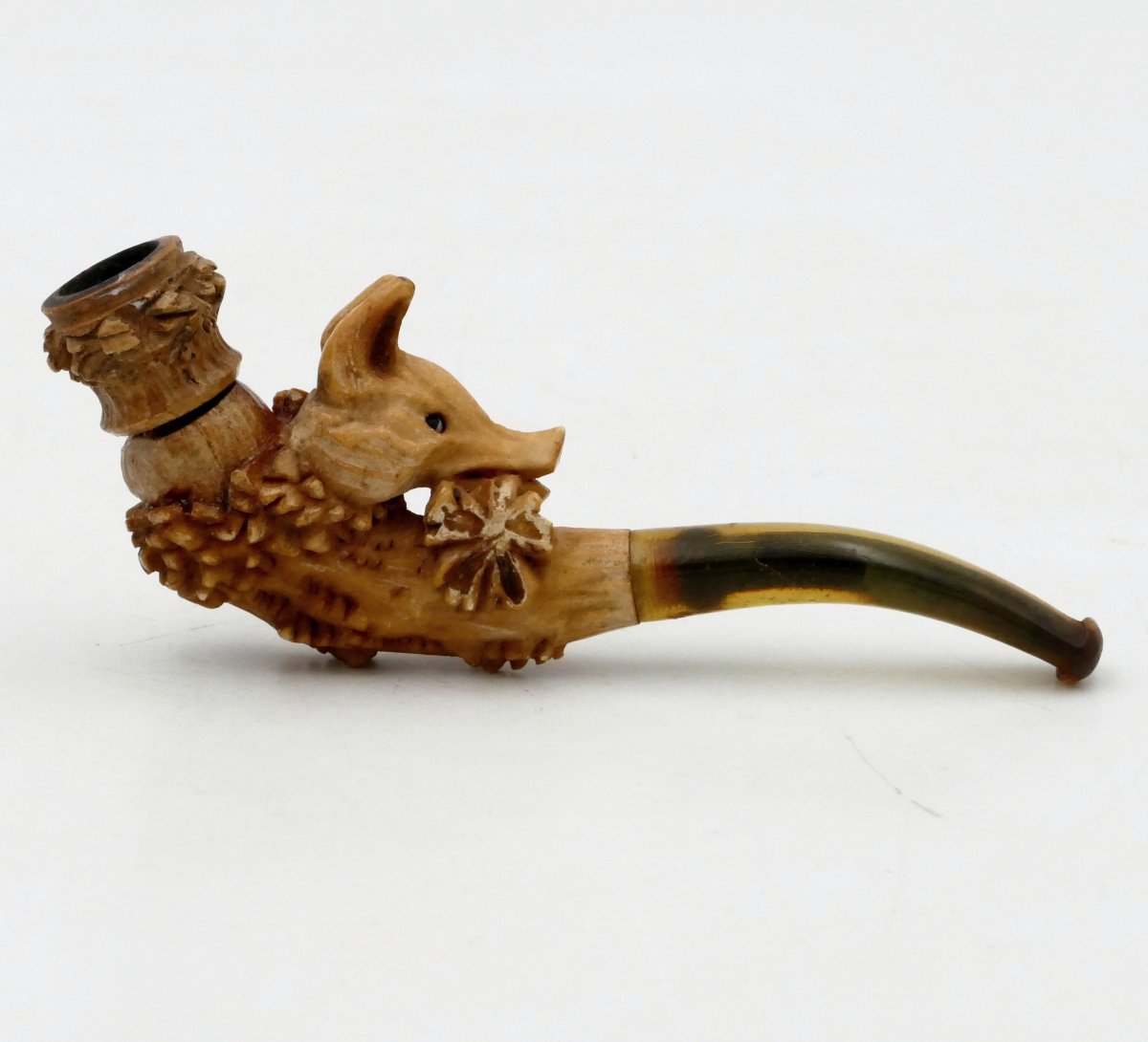 Meerschaum Pipe, "boar" Design, Sulfide Eyes, 19th Century. -photo-2