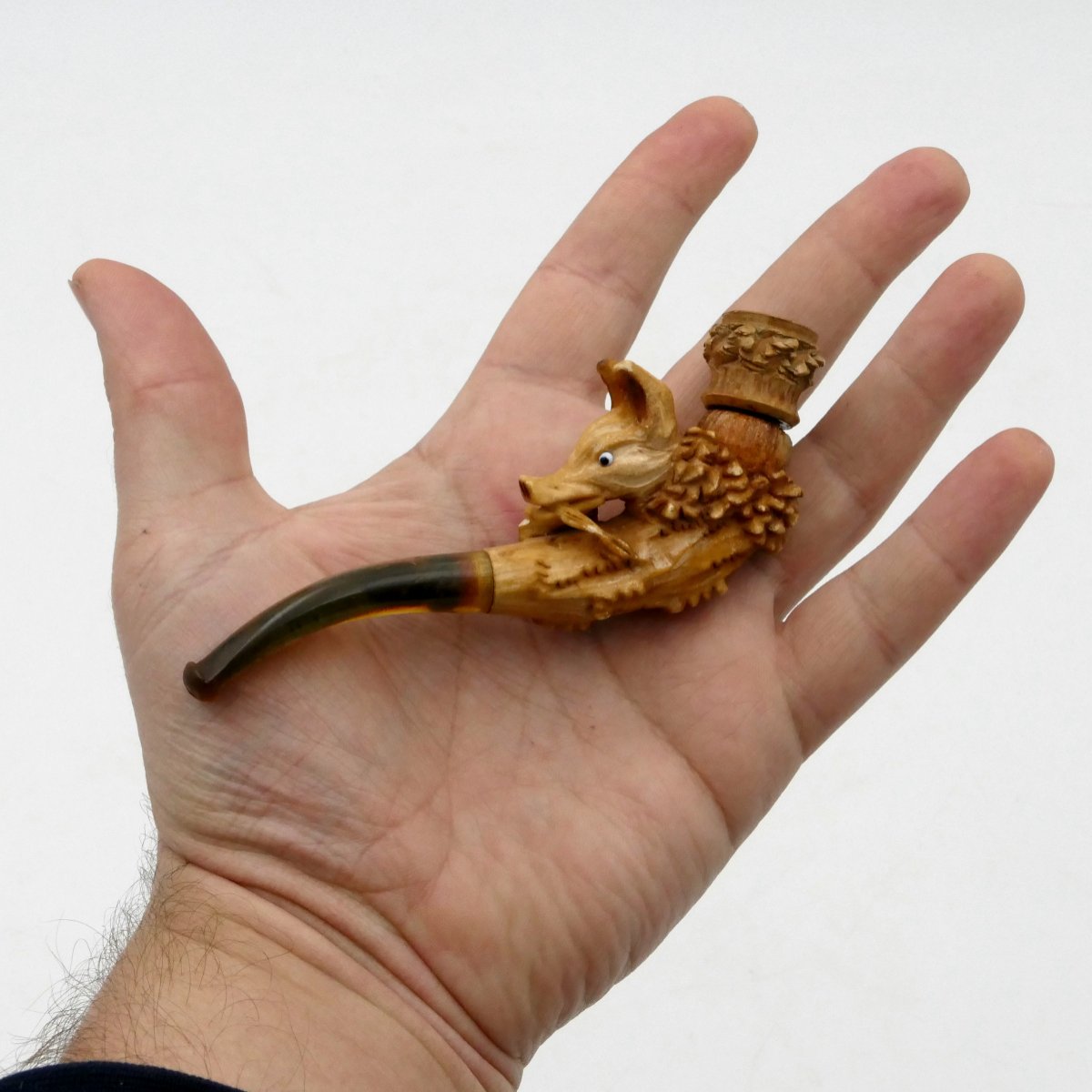 Meerschaum Pipe, "boar" Design, Sulfide Eyes, 19th Century. -photo-5