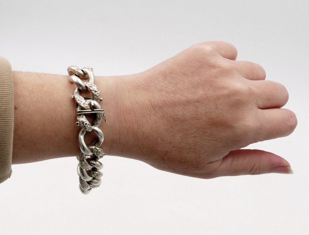 English Curb Chain Bracelet, Solid Silver, Floral Motif, Mid-20th Century. -photo-4