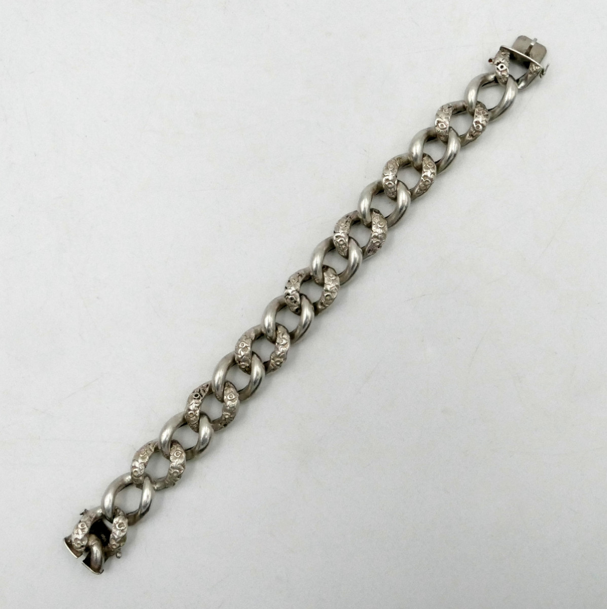 English Curb Chain Bracelet, Solid Silver, Floral Motif, Mid-20th Century. 