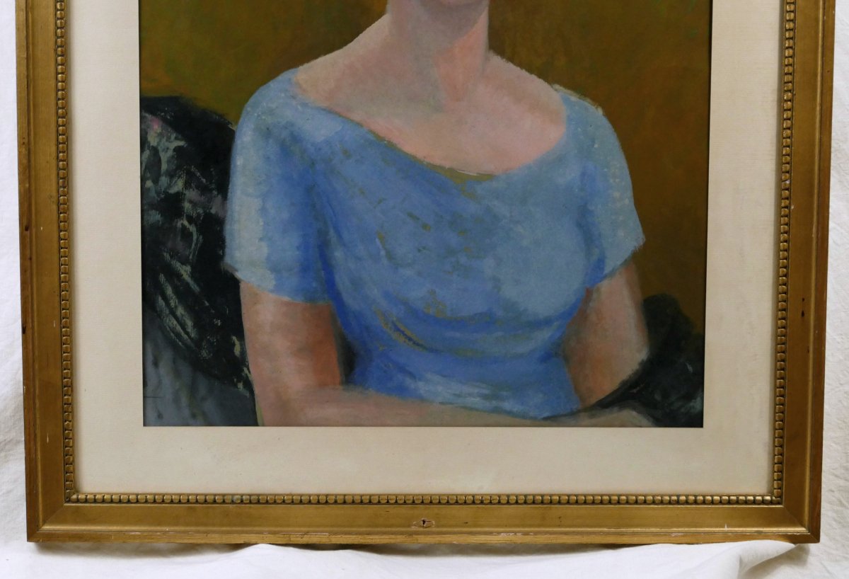 Henri Laffite (1885–1977), « Portrait de femme en bleu », huile sur papier, XXe siècle.-photo-3