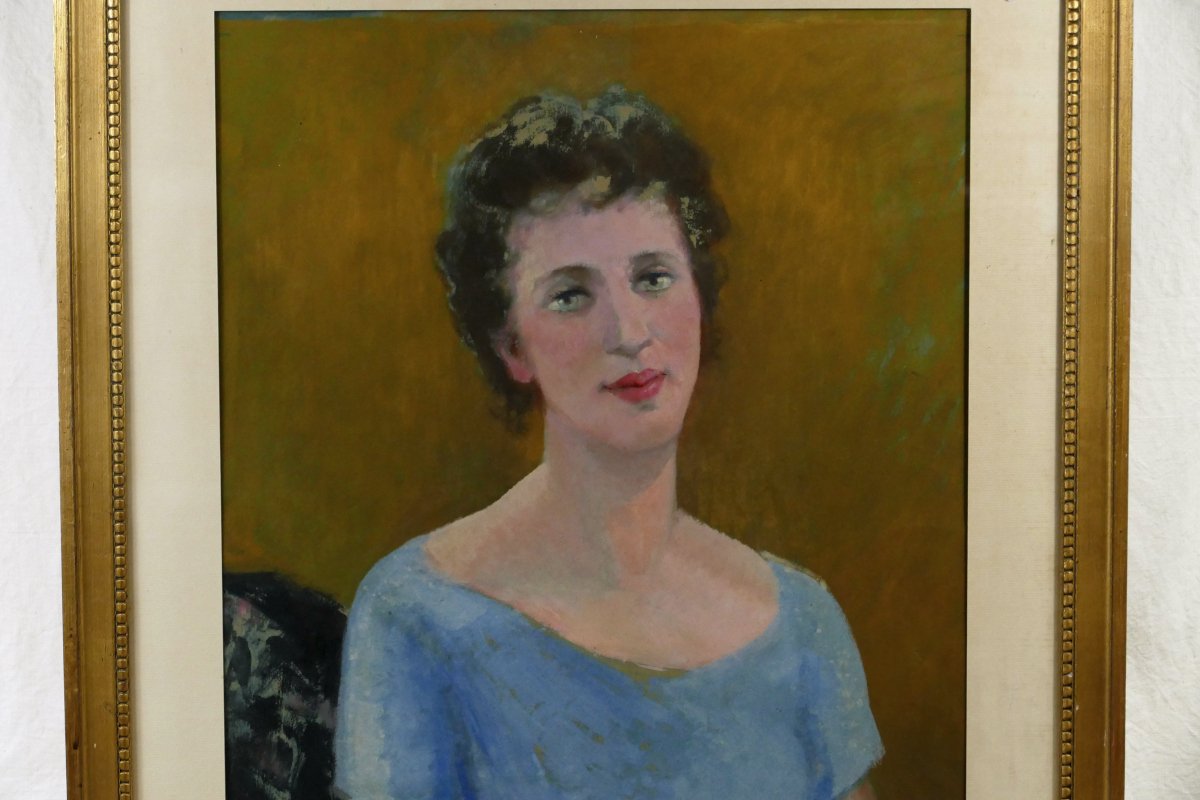 Henri Laffite (1885–1977), « Portrait de femme en bleu », huile sur papier, XXe siècle.-photo-4