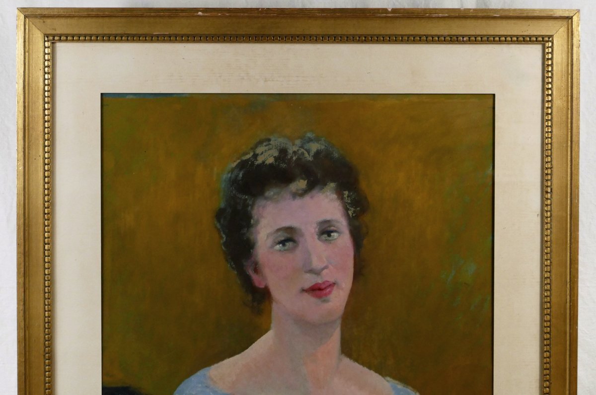 Henri Laffite (1885–1977), « Portrait de femme en bleu », huile sur papier, XXe siècle.-photo-1