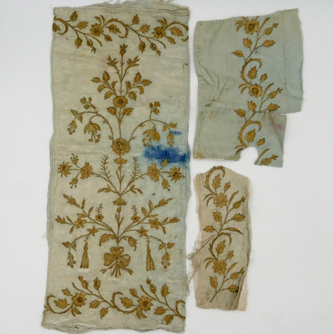 Louis XV Period, Three Fragments Of Silk Embroidered With Gold, 18th Century.