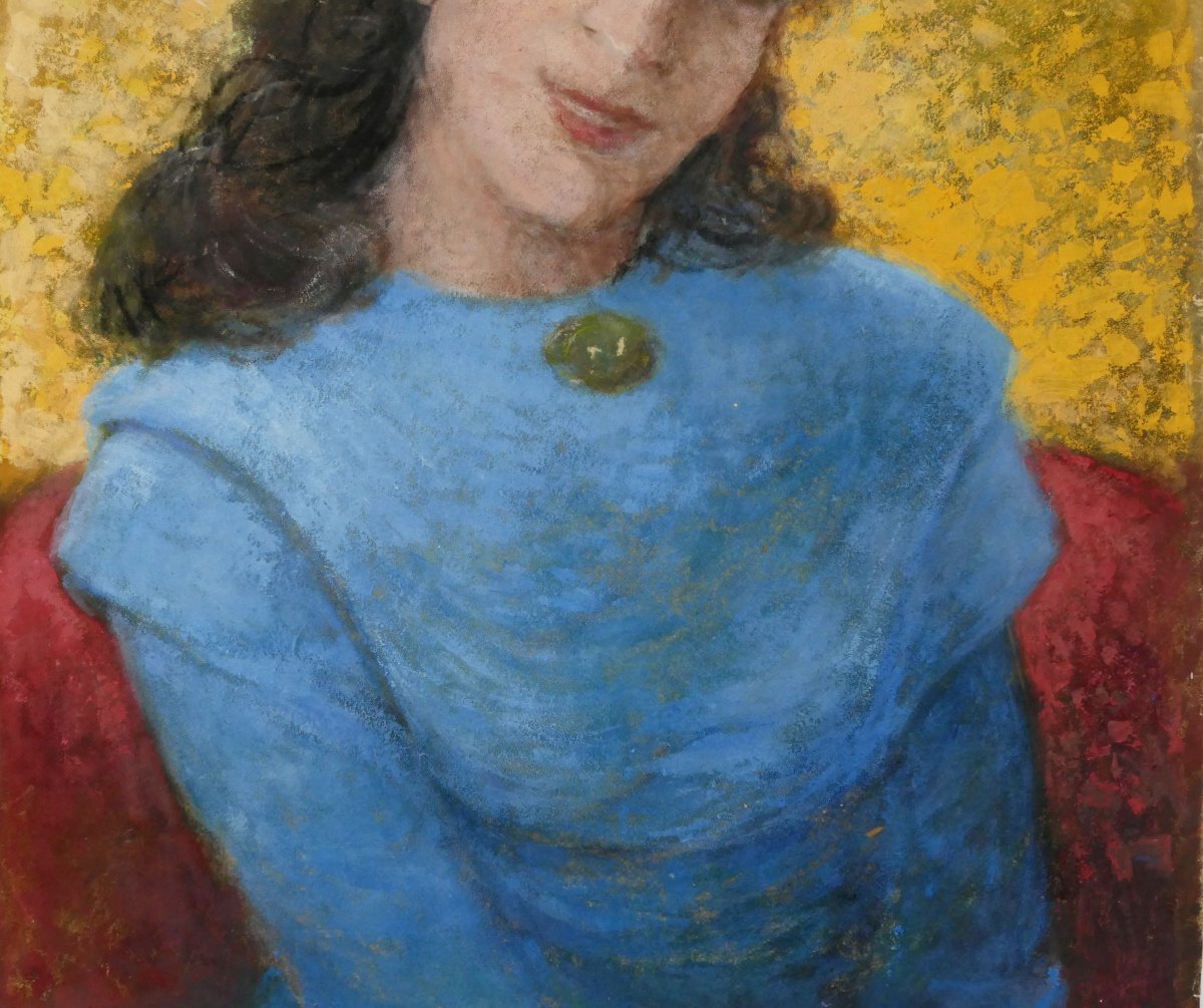 Henri Laffite (1885–1977), Portrait de femme, cheveux longs, robe bleue, HSP, XXe siècle.-photo-3