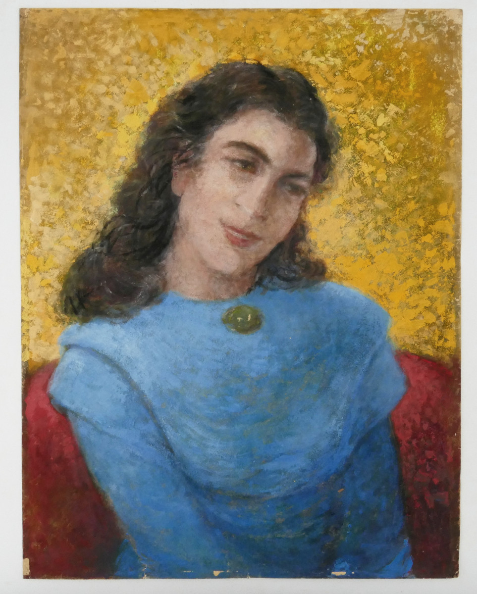 Henri Laffite (1885–1977), Portrait de femme, cheveux longs, robe bleue, HSP, XXe siècle.