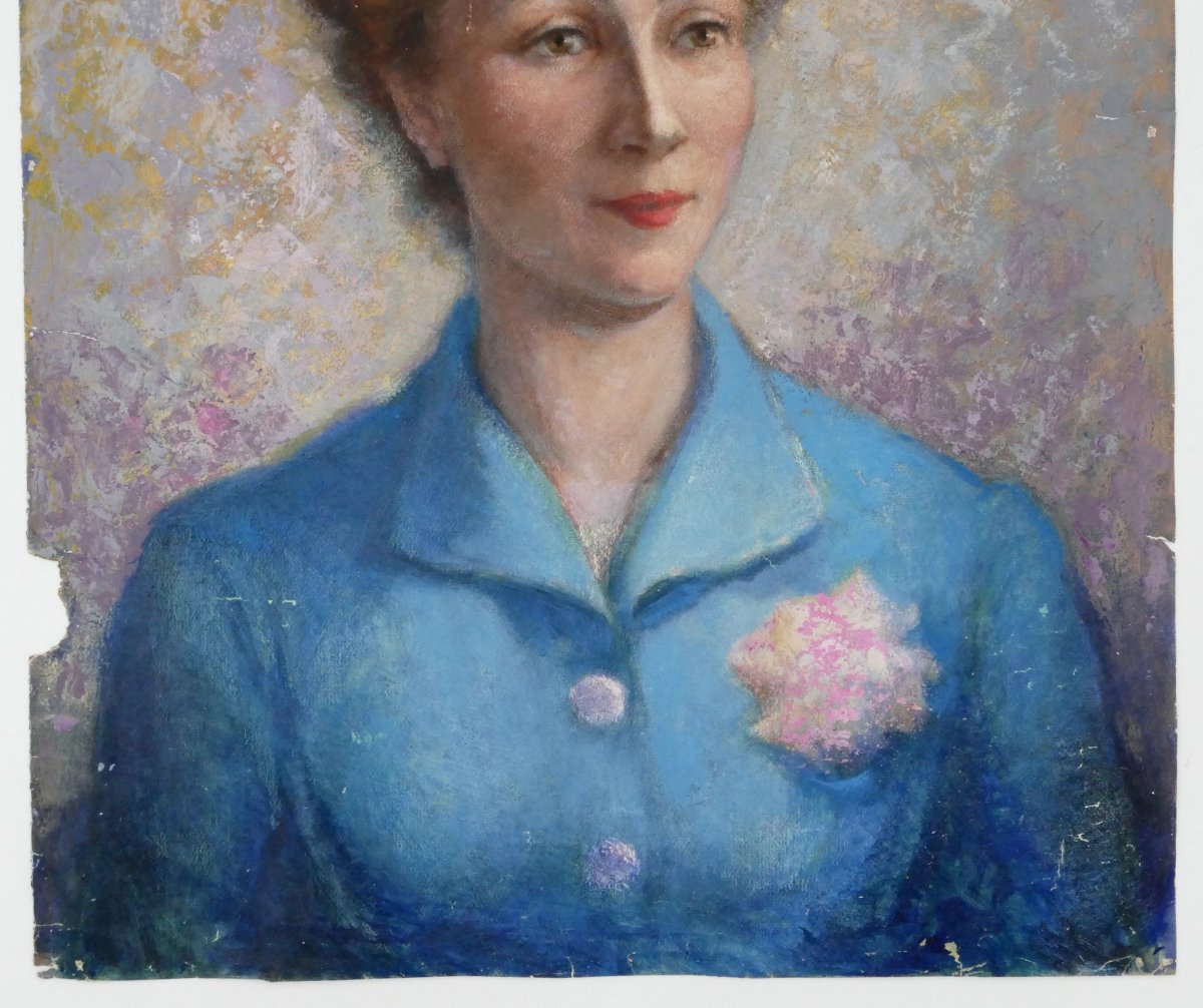 Henri Laffite (1885–1977), Portrait de femme blonde robe bleue, huile sur papier, XXe siècle.-photo-2