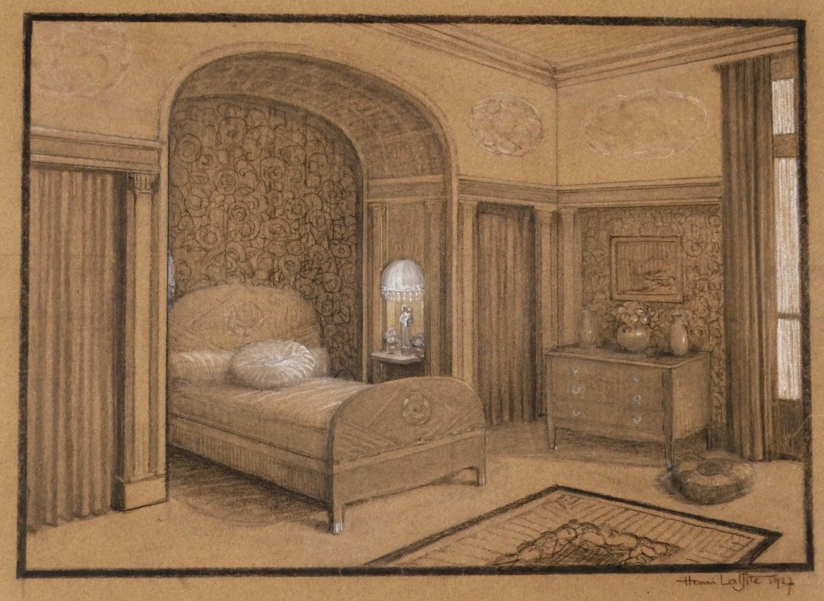 Henri Laffite (1885–1977), « Projet d'architecture d'intérieur, chambre à coucher » fusain 1927-photo-2