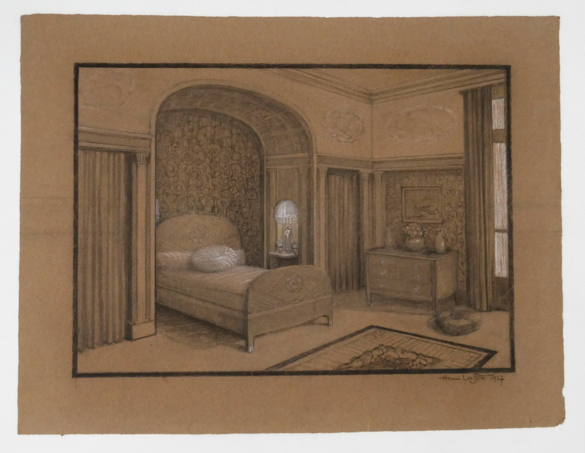 Henri Laffite (1885–1977), « Projet d'architecture d'intérieur, chambre à coucher » fusain 1927