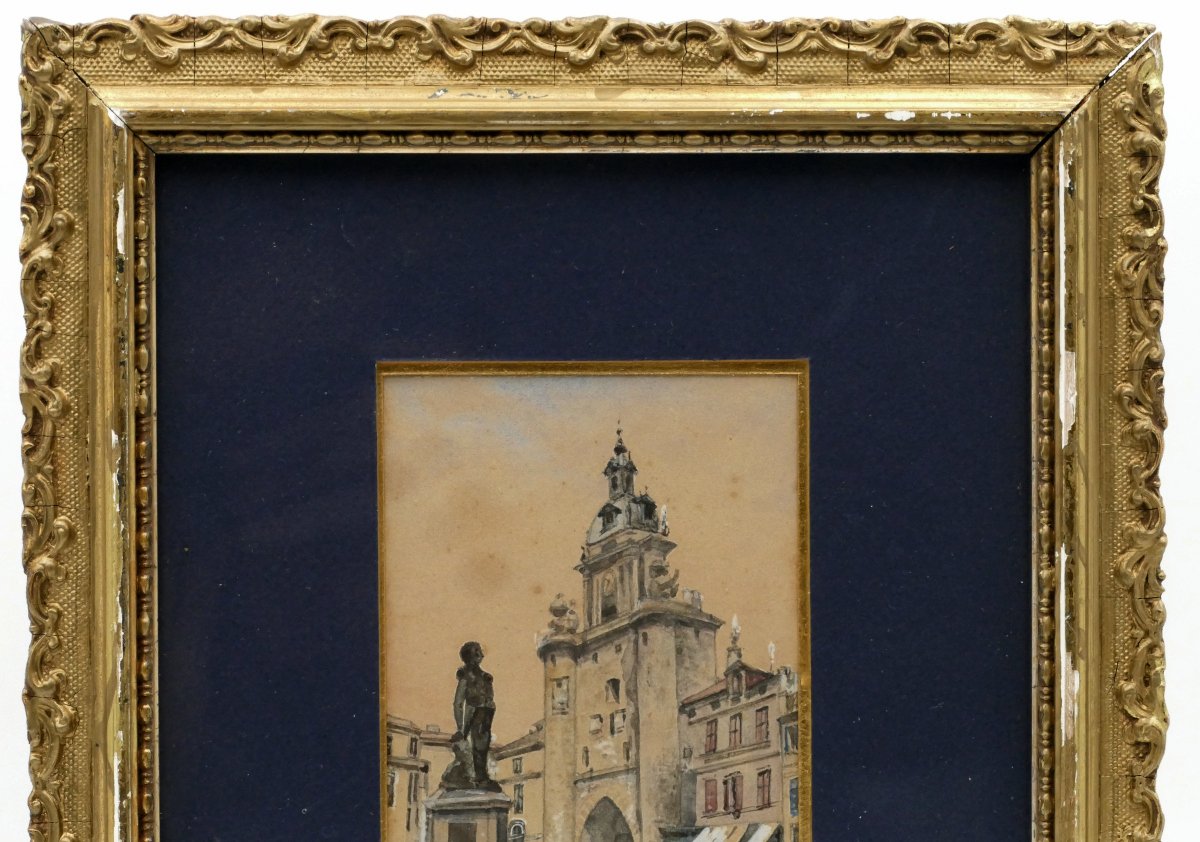 La Rochelle, Statue de l'Amiral Duperré et la grosse Horloge, encre noire, gouache, fin XIXe.-photo-1