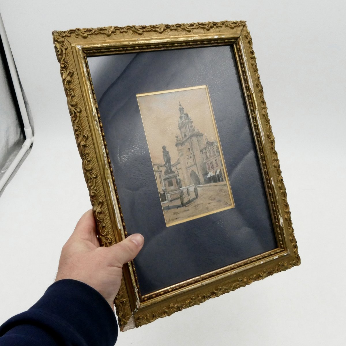 La Rochelle, Statue de l'Amiral Duperré et la grosse Horloge, encre noire, gouache, fin XIXe.-photo-4